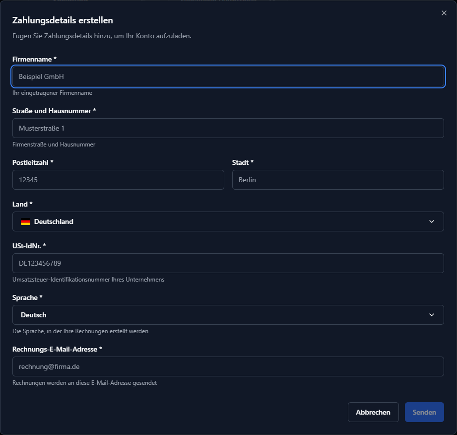 Add Billing Details Dialog